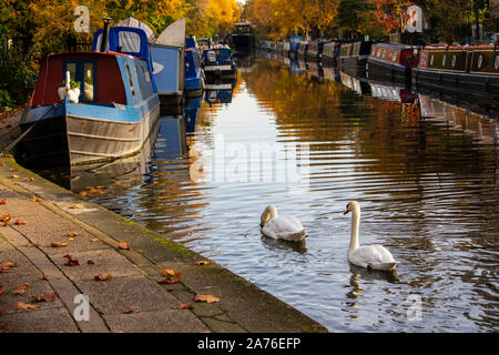 Londres, Royaume-Uni - Octobre 27th, 2019 : Rangées de bateaux sont amarrés dans la Petite Venise, quartier célèbre le long de Regents Canal Banque D'Images