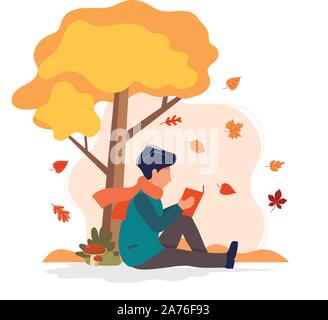 Homme assis avec livre sous l'arbre en automne. Vector illustration style de télévision Illustration de Vecteur