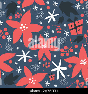 Motif florale de poinsettia dessiné à la main, des baies, des feuilles, des flocons de neige. Automne/Hiver/Joyeux Noël Collection. Banque D'Images