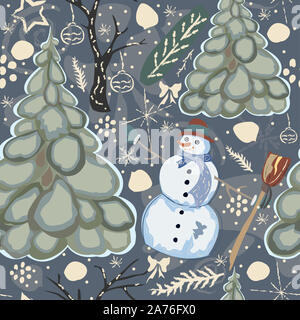 Motif d'hiver transparente colorée avec mignon Bonhomme de neige et les épinettes. Vector illustration Banque D'Images