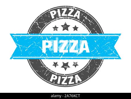 Timbre rond pizza avec ruban turquoise pizza. Illustration de Vecteur