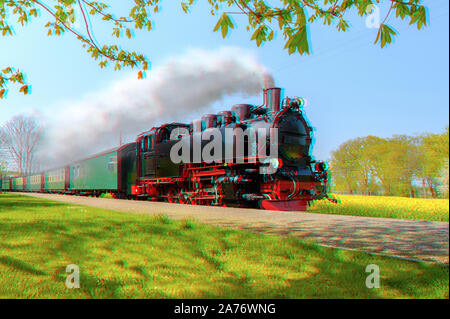 Train à vapeur allemand historique au printemps, Rugen, l'Allemagne, l'effet anaglyphe 3d Banque D'Images