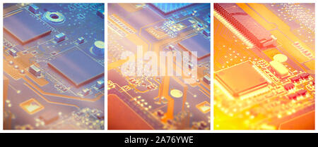 Collage, trois plans rapprochés sur les cartes mères la carte en atelier de réparation de matériel. Détails de la circuiterie et gros plan sur l'électronique. Image filtrée Banque D'Images
