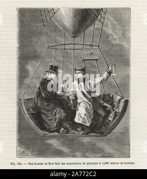 Louis Joseph Gay-Lussac et Jean-Baptiste Biot effectuant des expériences de physique dans un ballon à 4 000 mètres d'altitude, 1804. La gravure sur bois par E. Deschamps après mes de Louis Figuier's 'Les merveilles de la science : Des aérostats (merveilles de la science : les montgolfières), Furne, Jouvet et Cie, Paris, 1868. Banque D'Images