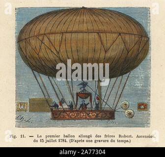 45 premières minutes de vol du ballon dirigeable de forme allongée de l'hydrogène Robert frères, Anne-Jean et Nicolas Louis, 15 juillet 1784. Gravure coloriée par P.Sellier après une illustration par Ch. L à partir de A. Sircos et Th. Pallier's "Histoire des ballons", Roy, Paris, 1876. Banque D'Images