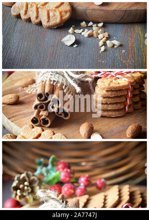 Temps de Noël Gros plan sur l'alimentation des collages, des biscuits aux amandes avec des bâtons de cannelle, trèfles, amandes et fruits rouges sur fond de bois rustique Banque D'Images