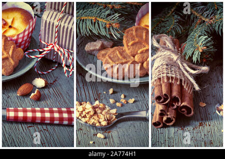 Temps de Noël Gros plan sur l'alimentation des collages, des biscuits aux amandes et au citron mini-muffin avec des bâtons de cannelle, les amandes et les rameaux de l'arbre de Noël en bois rustique sur b Banque D'Images