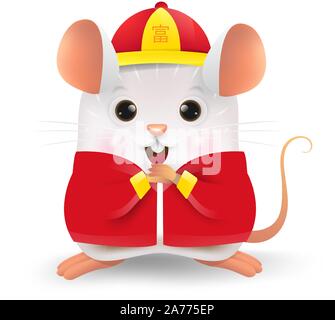 Caricature du petit rat personnalité avec costume traditionnel chinois. Symbole du zodiaque de l'année 2020. Le Nouvel An chinois, l'année du rat. Illustration de Vecteur