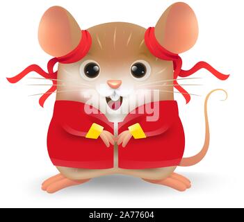 Caricature du petit rat personnalité avec costume traditionnel chinois. Symbole du zodiaque de l'année 2020. Le Nouvel An chinois, l'année du rat. Illustration de Vecteur