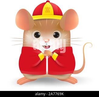 Caricature du petit rat personnalité avec costume traditionnel chinois. Symbole du zodiaque de l'année 2020. Le Nouvel An chinois, l'année du rat. Illustration de Vecteur