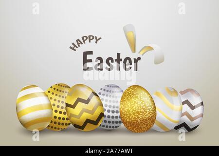 Joyeuses Pâques avec des lettres d'or jaune ou réaliste et silver shine les œufs décorés. Illustration de Vecteur