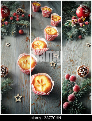 Collage de collations sucrées de Noël : mini muffins citron en emballages à carreaux sur la table rustique avec des décorations de Noël en rouge et vert. Banque D'Images