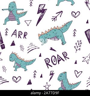 Dinosaure dans des asanas de yoga, hand drawn vector seamless pattern Illustration de Vecteur