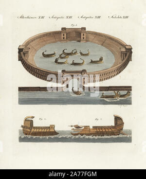 Naumachia romaine antique avec reconstitution d'une bataille célèbre entre les flottes de l'amphithéâtre de prisonniers condamnés 1. Cuisine avec une seule rangée de 2 rames, et bireme warship avec deux rangées de rames 3. La gravure sur cuivre coloriée par J.B. Hoessel de Johann Friedrich de Bertuch Bilderbuch fur Kinder (Livre d'images pour les enfants), Weimar, 1802. Banque D'Images