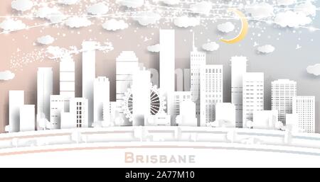 L'Australie Brisbane City Skyline in Paper Cut Style avec des flocons, de la lune et des néons Garland. Vector Illustration. Noël et Nouvel An Concept. Santa Illustration de Vecteur