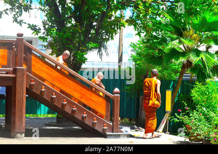 Les moines descendant quelques marches d'un temple dans leurs robes orange après la prière au temple de Chalong Phuket Thaïlande Banque D'Images