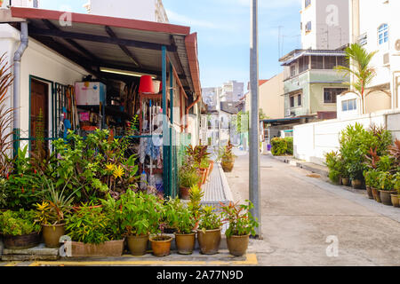 Singapour-24 MAR 2018:Singapour vue de rue traditionnels,vieux bâtiment plein de cour avant rempli par les plantes Banque D'Images