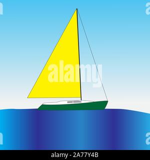 Un petit yacht avec une grande voile flotte dans l'océan. Illustration de Vecteur