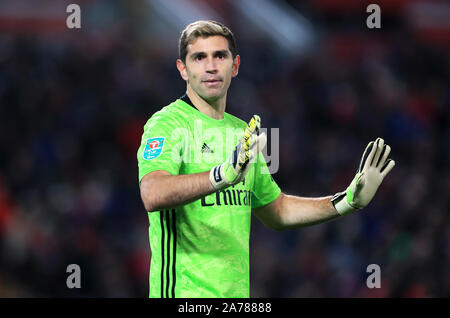 Gardien d'Arsenal au cours de l'Emiliano Martinez Carabao Cup, quatrième match à Anfield, Liverpool. Banque D'Images