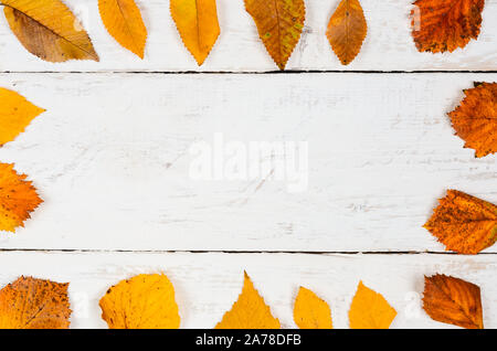 Composition d'automne arrière-plan. Cadre carré de feuilles d'oranger sur le bois avec le centre vide de texte .Vue de dessus, copiez l'espace, mise à plat . Banque D'Images