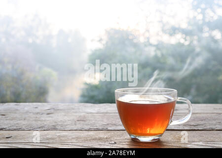 La vapeur chaude du thé dans une tasse en verre sur une table d'extérieur en bois rustique sur une froide journée d'hiver brumeux, copie, espace de discussion sélectionné, la profondeur de champ étroite Banque D'Images