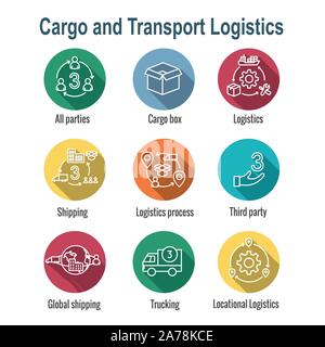 L'icône de la logistique set w bâtiments, de camionnage, d'expédition et les gens fort Illustration de Vecteur