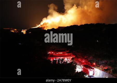 Naha. 31 octobre, 2019. La fumée et les flammes lieu de brûler de Château Shuri à Naha, capitale de la préfecture d'Okinawa, Japon, le 31 octobre 2019. Le bâtiment principal d'un château historique dans l'Okinawa, désigné site du patrimoine mondial, a brûlé dans un incendie avant l'aube, avec les autorités de contrôle à l'incendie qui a englouti d'autres bâtiments, la police locale a déclaré jeudi.Le feu s'est déclaré peu avant 2 h 40, heure locale, à Château Shuri à Naha, capitale de la préfecture d'Okinawa. Credit : Hua Yi/Xinhua/Alamy Live News Banque D'Images