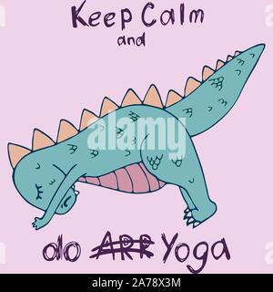 Dinosaure dans des asanas de yoga, hand drawn vector illustration avec lettrage Illustration de Vecteur