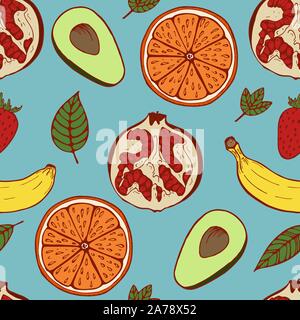 Fruit Handdrawn bagout sans couture avec set de fruits, vector illustration, sur fond bleu Illustration de Vecteur