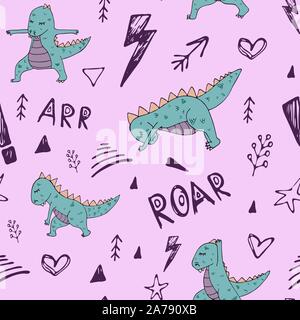 Dinosaure dans des asanas de yoga, hand drawn vector seamless pattern Illustration de Vecteur