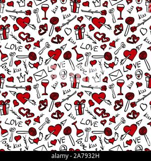 Valentines Day doodle motif transparent. Les éléments dessinés à la main avec détails rouges sur fond blanc. Vector illustration. Illustration de Vecteur