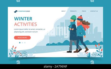 En train de marcher en hiver. Modèle de page d'atterrissage. Cute vector illustration dans télévision style. Illustration de Vecteur