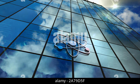 L'énergie de l'atome symbole sur verre. Ciel en miroir et ville sur façade moderne. La science, la technologie et l'industrie de l'énergie nucléaire 3D renderi concept centre Banque D'Images