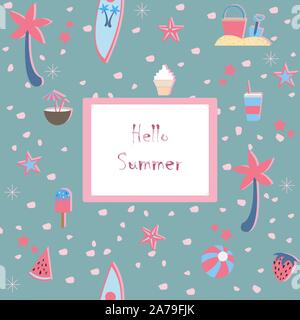 Cute Hello Summer Card avec éléments d'été. Vector Illustration Illustration de Vecteur