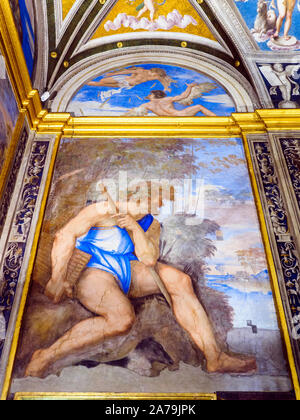 La fresque "Polifemo e le Lunette' (Polyphemus et les lunettes) par Sebastiano del Piombo dans la Loggia de Galatée de villa Farnesina - Rome, Italie Banque D'Images