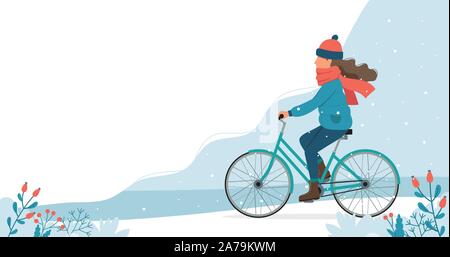 Girl riding bike dans le parc en hiver. Cute vector illustration dans télévision style. Illustration de Vecteur