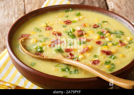 Portion de pommes de terre avec Chaudrée de maïs, le bacon et les oignons verts close-up dans un bol sur la table horizontale. Banque D'Images