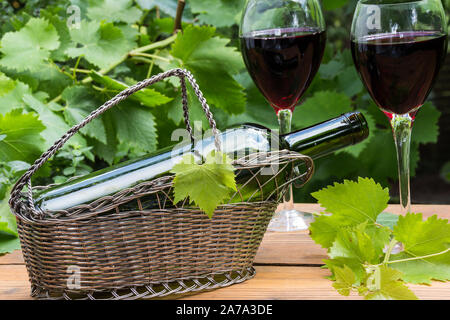 Verres à vin rouge de feuilles de vigne dans le jardin Banque D'Images