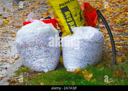Papier déchiqueté dans des sacs de plastique pour la collecte des matières recyclables en bordure. Banque D'Images
