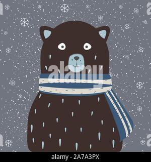 Cute Bear en écharpe d'hiver sur une chaude journée d'hiver. Vector Illustration Illustration de Vecteur