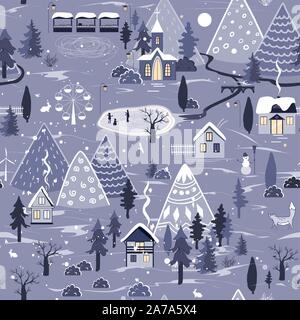 Avec motif transparent hiver nuit paysage avec village et l'église dans les bois. Belle Nature Noël avec City dans les montagnes. Vector Illustration de Vecteur