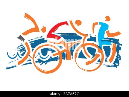 Les coureurs de triathlon, résumé stylisée. Trois athlètes stylisé expressif de triathlon. Isolé sur fond blanc. Vector disponibles. Illustration de Vecteur