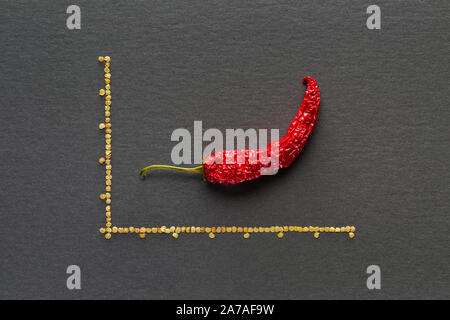 Seul le poivre de bananes séchées rouge sur fond gris avec lignes graphique avec graines de poivre Banque D'Images