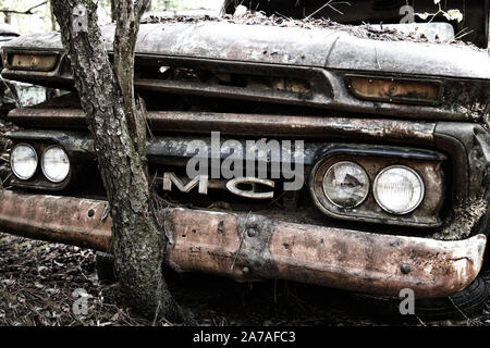 Blanc, GA / USA - Octobre27, 2018 - Image en gros plan d'un vieux camion GMC de rebut dans un parc à ferrailles avec arbre qui grandit hors de la calandre avant Banque D'Images