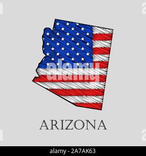 Dans l'Arizona état style gribouillis - vector illustration. Résumé carte plate de l'Arizona avec l'imposition de drapeau américain. Illustration de Vecteur