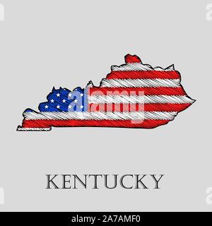 Le Kentucky en état style gribouillis - vector illustration. Résumé carte plate du Kentucky avec l'imposition de drapeau américain. Illustration de Vecteur