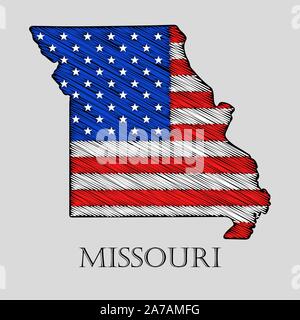 Le Missouri en état style gribouillis - vector illustration. Résumé carte plate du Missouri avec l'imposition de drapeau américain. Illustration de Vecteur