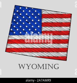 Dans l'État du Wyoming style gribouillis - vector illustration. Résumé carte plate du Wyoming avec l'imposition de drapeau américain. Illustration de Vecteur