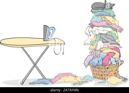 Fer et planche à repasser avec de grands tas de linge dans Panier avec Cat - regroupées facile à modifier Illustration de Vecteur