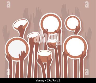 La famine faim pauvres mains avec assiettes et bols vides brown autocollants - regroupées facile à modifier Illustration de Vecteur